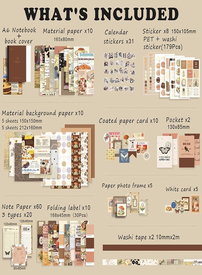 CLOSAL® Vintage Aesthetic Scrapbook Kit - 346 Pcs Supplies for Bullet Junk Journal - DIY Journaling Supplies With A6 Grid Notebook - Image 2